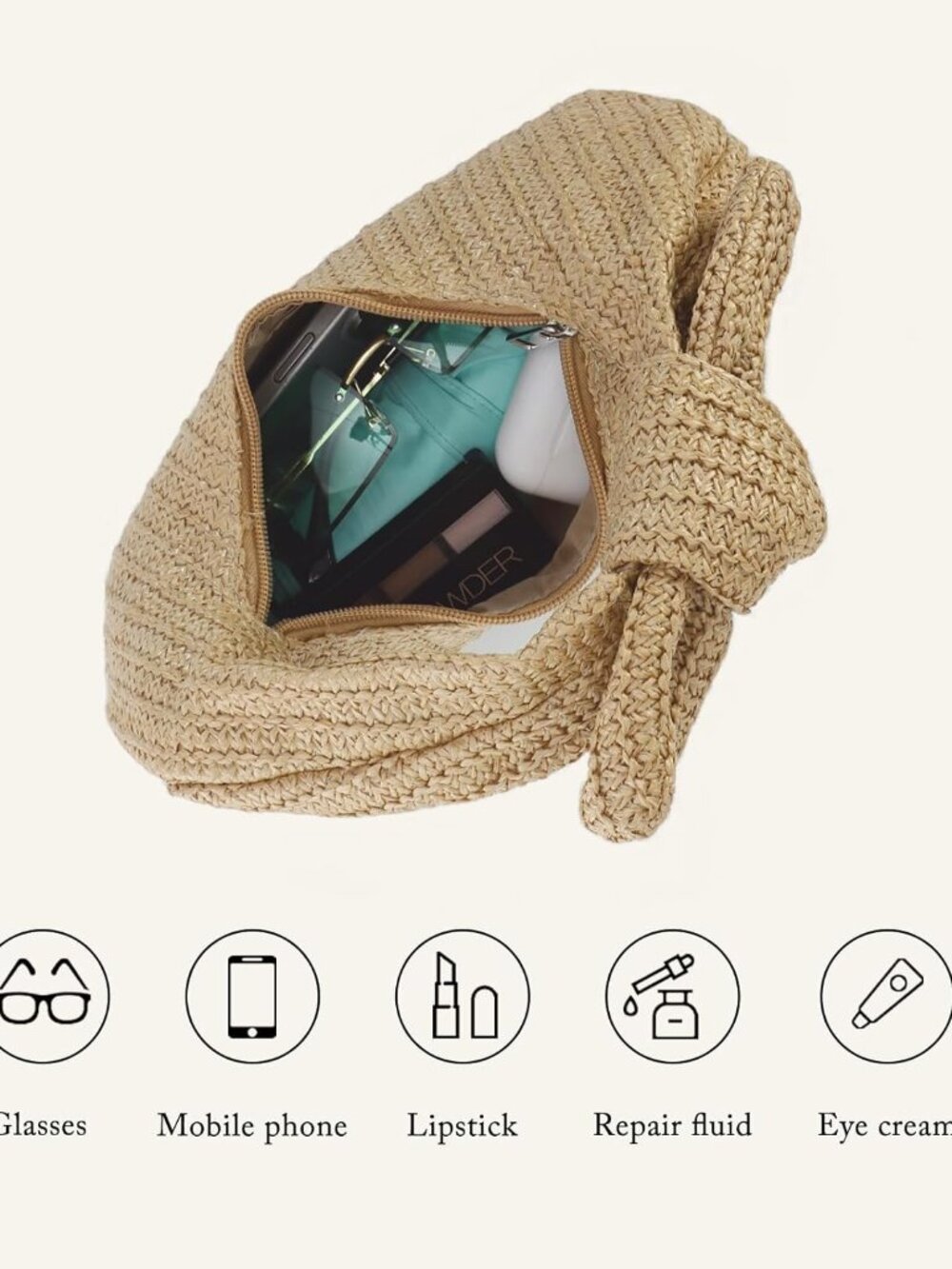 Knotted Straw Clutch Purses for Women, Summer Beach Bag, Dumpling Evening Clutch - Picture 6 of 7